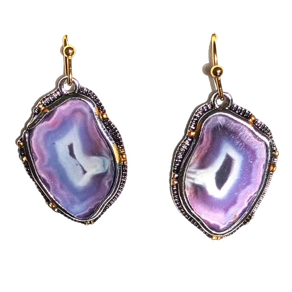 Purple quartz earrings Gold Dangle Hook Closure Unique Slice of Quartz ONLY PAIR
